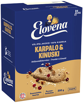 Elovena  Välipalakeksi 100% Kauraa Karpalo-kinuski