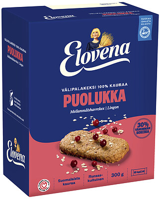 Elovena Välipalakeksi 100 % Kauraa Puolukka